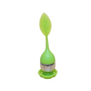 Tea Infuser Silicone Green Leaf Handle Stainless Steel Strainer With Drip Tray